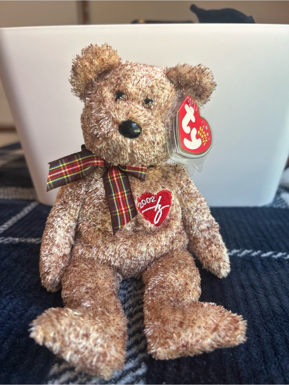 Ty Brown Plush Bear with Plaid Bow and Red Heart Patch